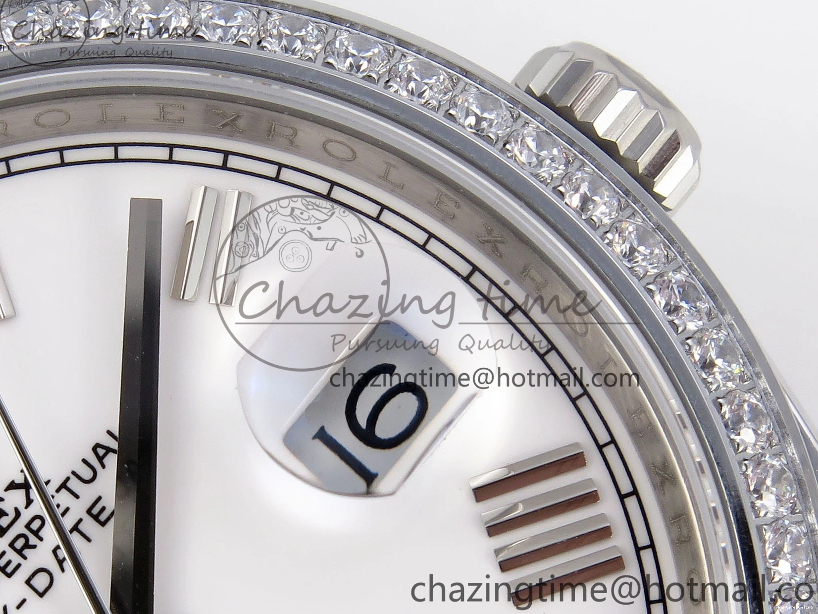 1224 DayDate 40 SS GSF Gain Weight White Roman Dial Diamonds Bezel on President Bracelet A Sustainable 1920